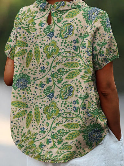 Gabriela | Camisa casual de mujer de algodón y lino con estampado floral artístico