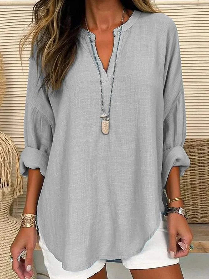 Yazmín | Camisa de manga larga regular fit con cuello en V, color liso, manga larga y corte holgado