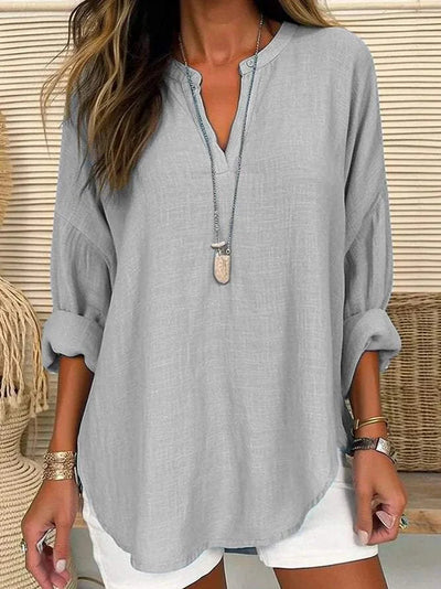 Yazmín | Camisa de manga larga regular fit con cuello en V, color liso, manga larga y corte holgado