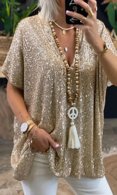 Isidora | Camiseta de lentejuelas con cuello de pico