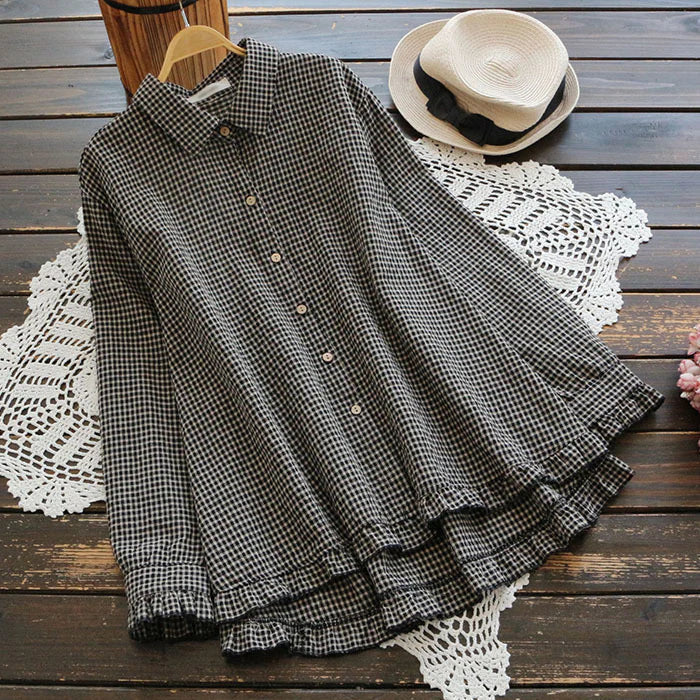 María José | Camisa suelta de algodón de lino hecho a mano con cuadros escoceses para mujeres de talla grande