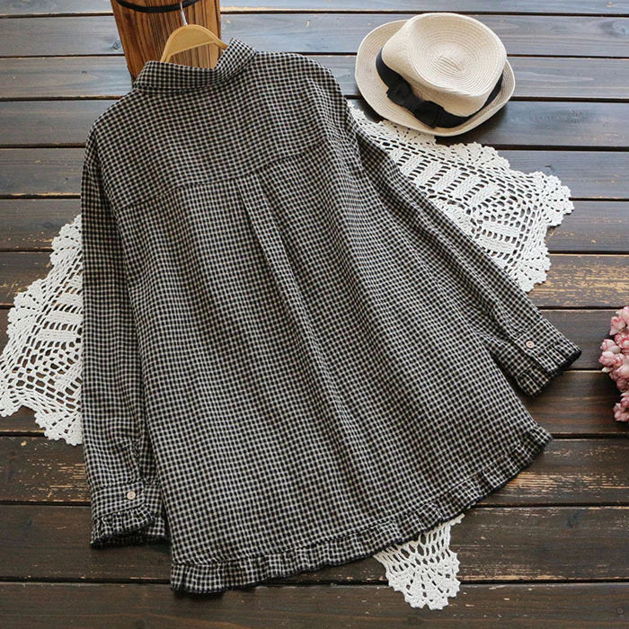 María José | Camisa suelta de algodón de lino hecho a mano con cuadros escoceses para mujeres de talla grande