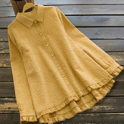 María José | Camisa suelta de algodón de lino hecho a mano con cuadros escoceses para mujeres de talla grande