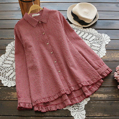 María José | Camisa suelta de algodón de lino hecho a mano con cuadros escoceses para mujeres de talla grande