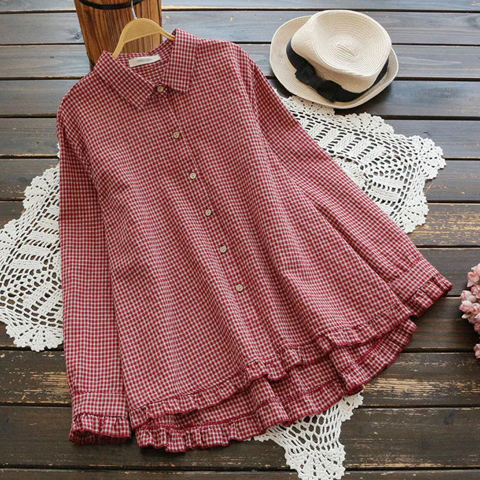 María José | Camisa suelta de algodón de lino hecho a mano con cuadros escoceses para mujeres de talla grande