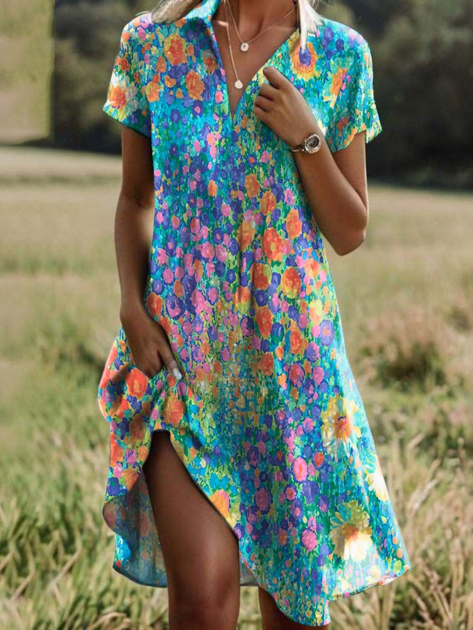 Tatiana | Las mujeres de manga corta Verano Ombre Cuello Camisa diaria salir Casual midi A line azul
