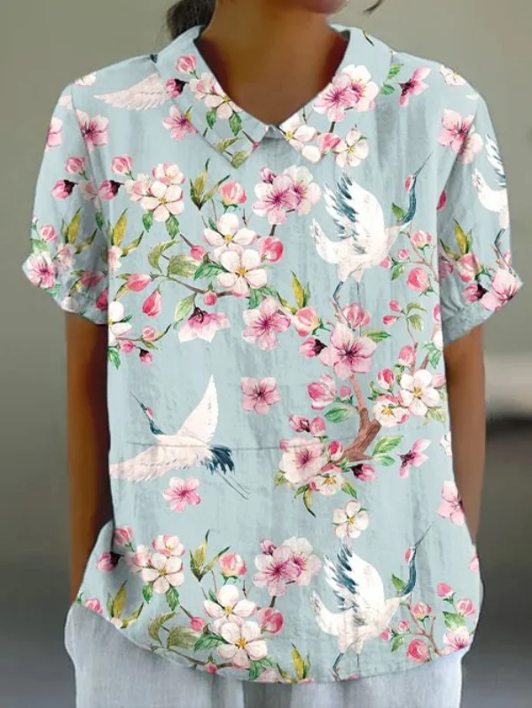 Margarita | Blusa de manga corta en estilo retro japonés Sakura Crane