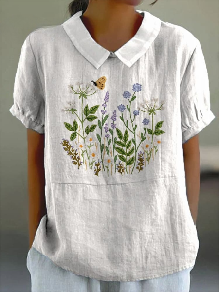 Wanda | Camisa casual de mujer con estampado floral de arbustos, estilo bordado