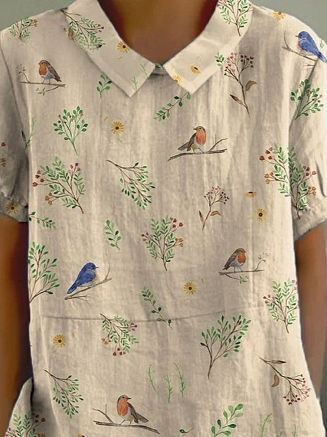 Catalina | Camisa Informal De Algodón Y Lino Con Estampado De Pájaros Y Ramas Y Robin Para Mujer