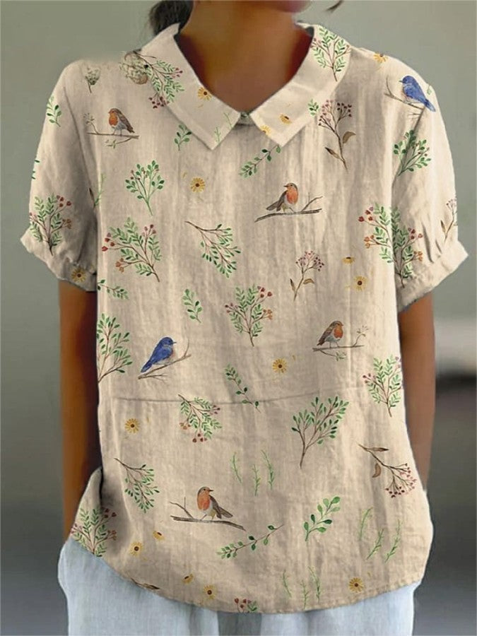 Catalina | Camisa Informal De Algodón Y Lino Con Estampado De Pájaros Y Ramas Y Robin Para Mujer