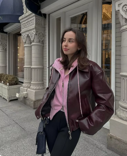 Ella | Chaqueta de cuero sólida vintage con cuello de solapa