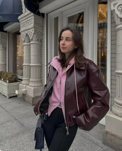 Ella | Chaqueta de cuero sólida vintage con cuello de solapa