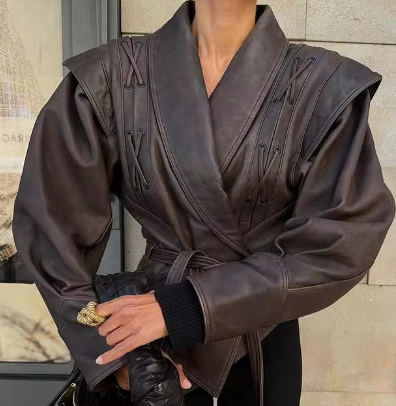 Ella | Chaqueta de cuero sólida vintage con cuello de solapa